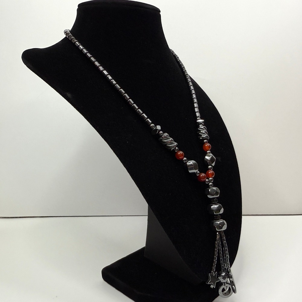 Hematite Y Necklace Star & Moon Charms Red Accent Glass Beads Jewelry 17.5 in L - Picture 4 of 7